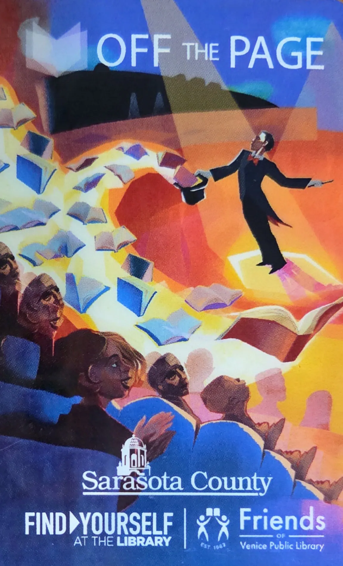 Sarasota County, Florida Library Card Image Featuring a Magician and Books and the Words Find Yourself at the Library Off the Page